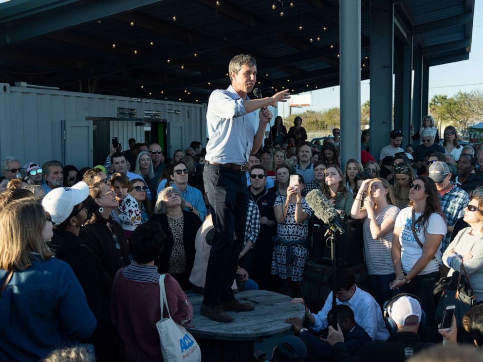 PHOTO: Beto ORourke addresses supporters during a campaign stop at Tradesman Brewing Company, March 22, 2019, in Charleston, S.C.