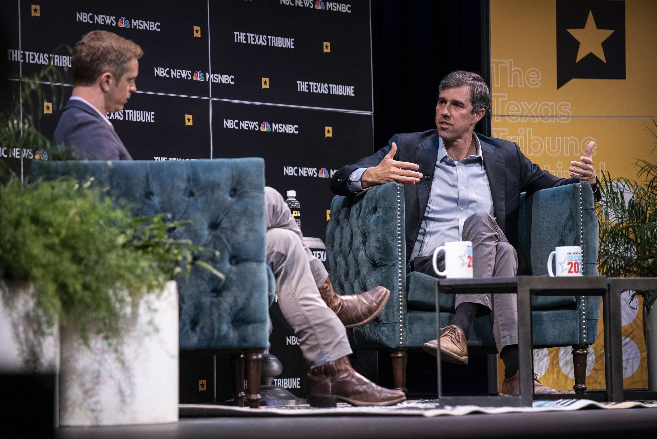 PHOTO: Democratic presidential candidate and former Rep. Beto O'Rourke speaks with Garrett Haake of MSNBC during a panel at The Texas Tribune Festival on Sept. 28, 2019 in Austin, Texas.