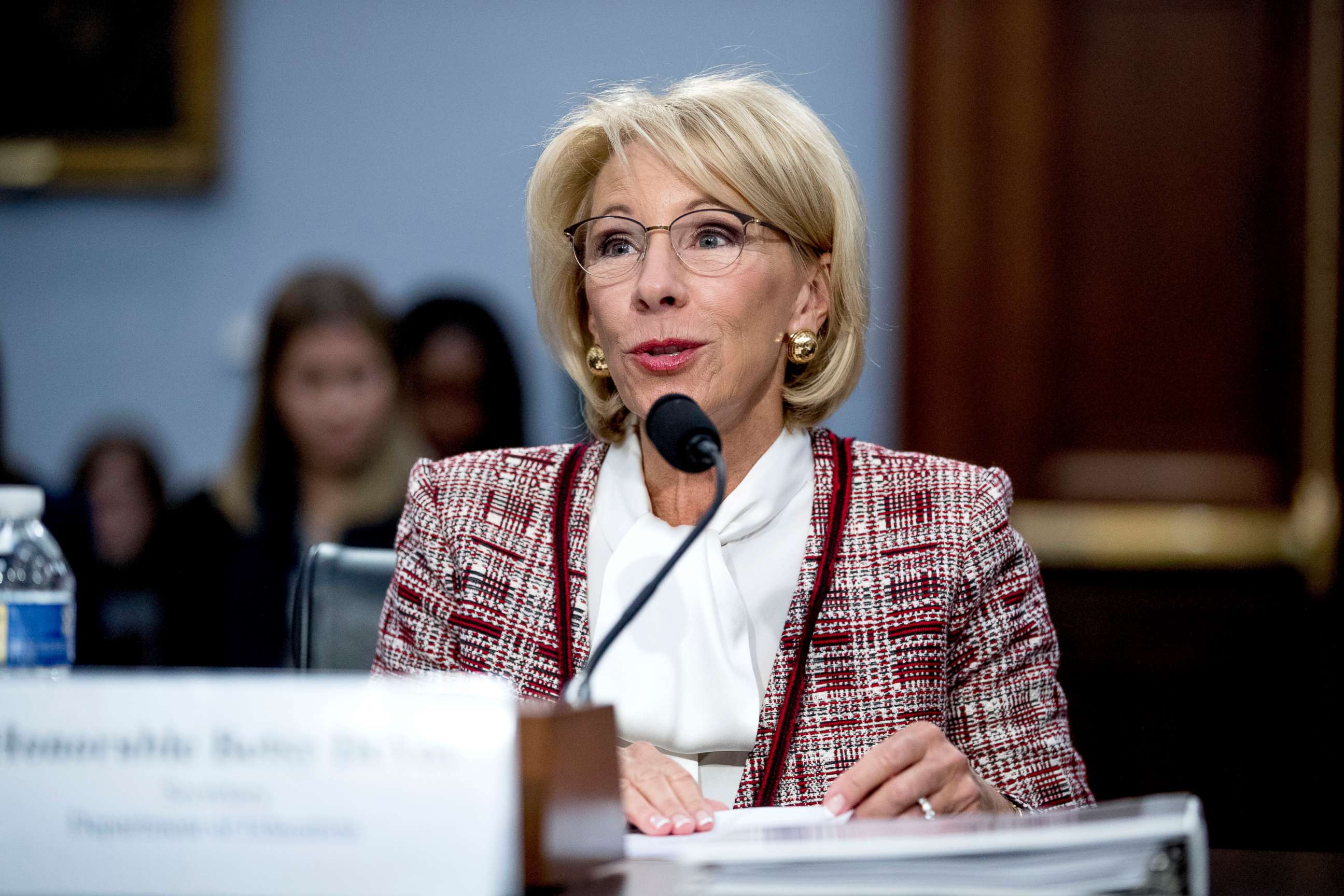PHOTO: Education Secretary Betsy DeVos speaks during a House Appropriations subcommittee hearing on budget on Capitol Hill in Washington, March 26, 2019.