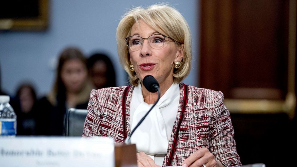 PHOTO: Education Secretary Betsy DeVos speaks during a House Appropriations subcommittee hearing on budget on Capitol Hill in Washington, March 26, 2019.