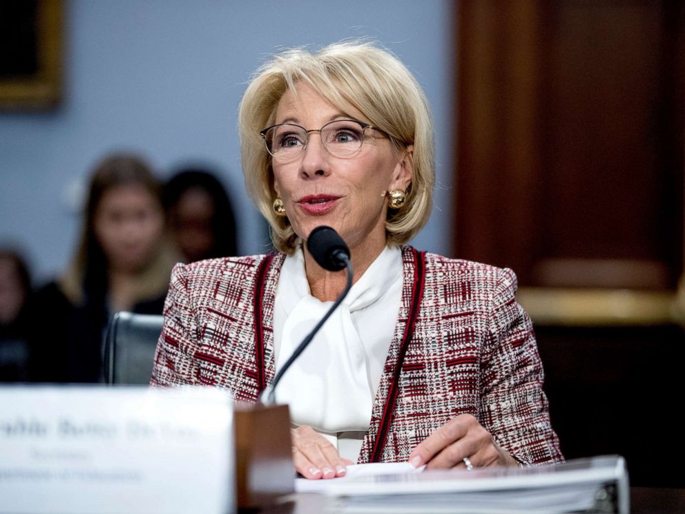 PHOTO: Education Secretary Betsy DeVos speaks during a House Appropriations subcommittee hearing on budget on Capitol Hill in Washington, March 26, 2019.