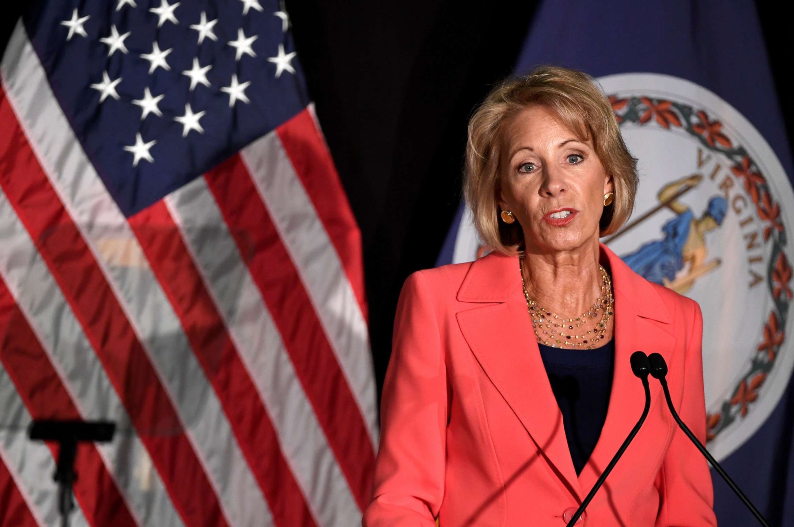 PHOTO: Education Secretary Betsy DeVos makes remarks during a major policy address on Title IX enforcement, which in college covers sexual harassment, rape and assault, at George Mason University, in Arlington, Va., Sept. 7, 2017. 