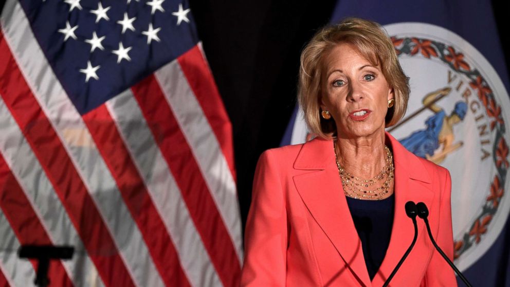 Education Secretary Betsy DeVos makes remarks during a major policy address on Title IX enforcement, which in college covers sexual harassment, rape and assault, at George Mason University, in Arlington, Virginia, Sept. 7, 2017.           REUTERS/Mike Theiler