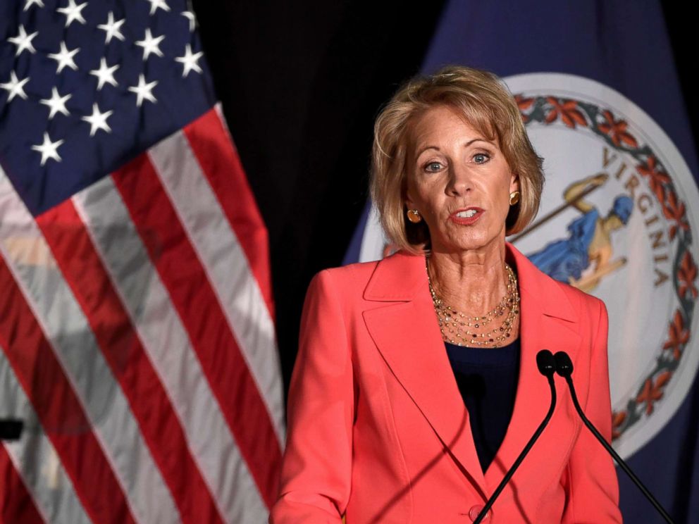 PHOTO: Education Secretary Betsy DeVos makes remarks during a major policy address on Title IX enforcement, which in college covers sexual harassment, rape and assault, at George Mason University, in Arlington, Va., Sept. 7, 2017.
