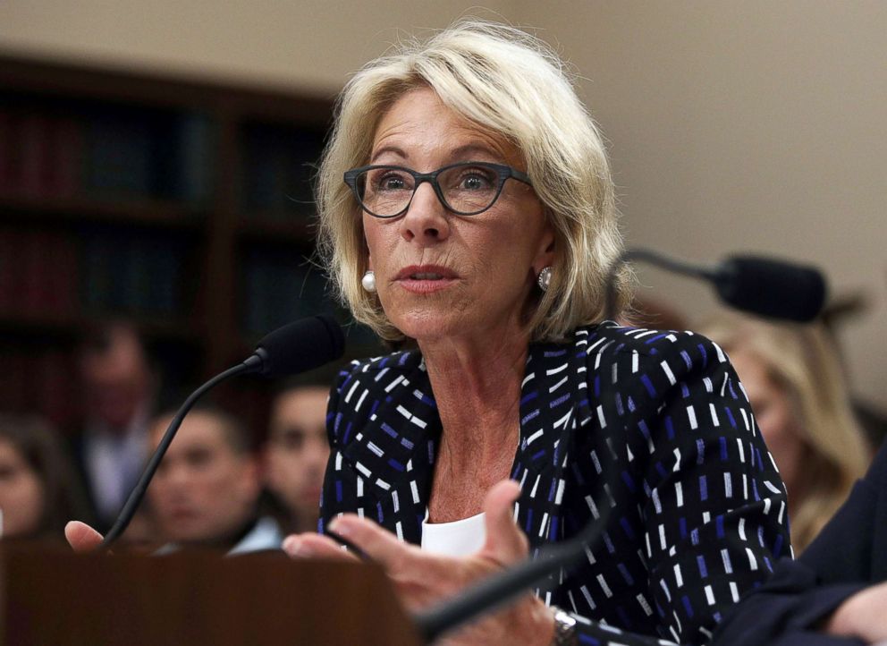 PHOTO: Secretary of Education Betsy DeVos testifies during a hearing before the Labor, Health and Human Services, Education and Related Agencies Subcommittee of the House Appropriations Committee, May 24, 2017, Capitol Hill in Washington