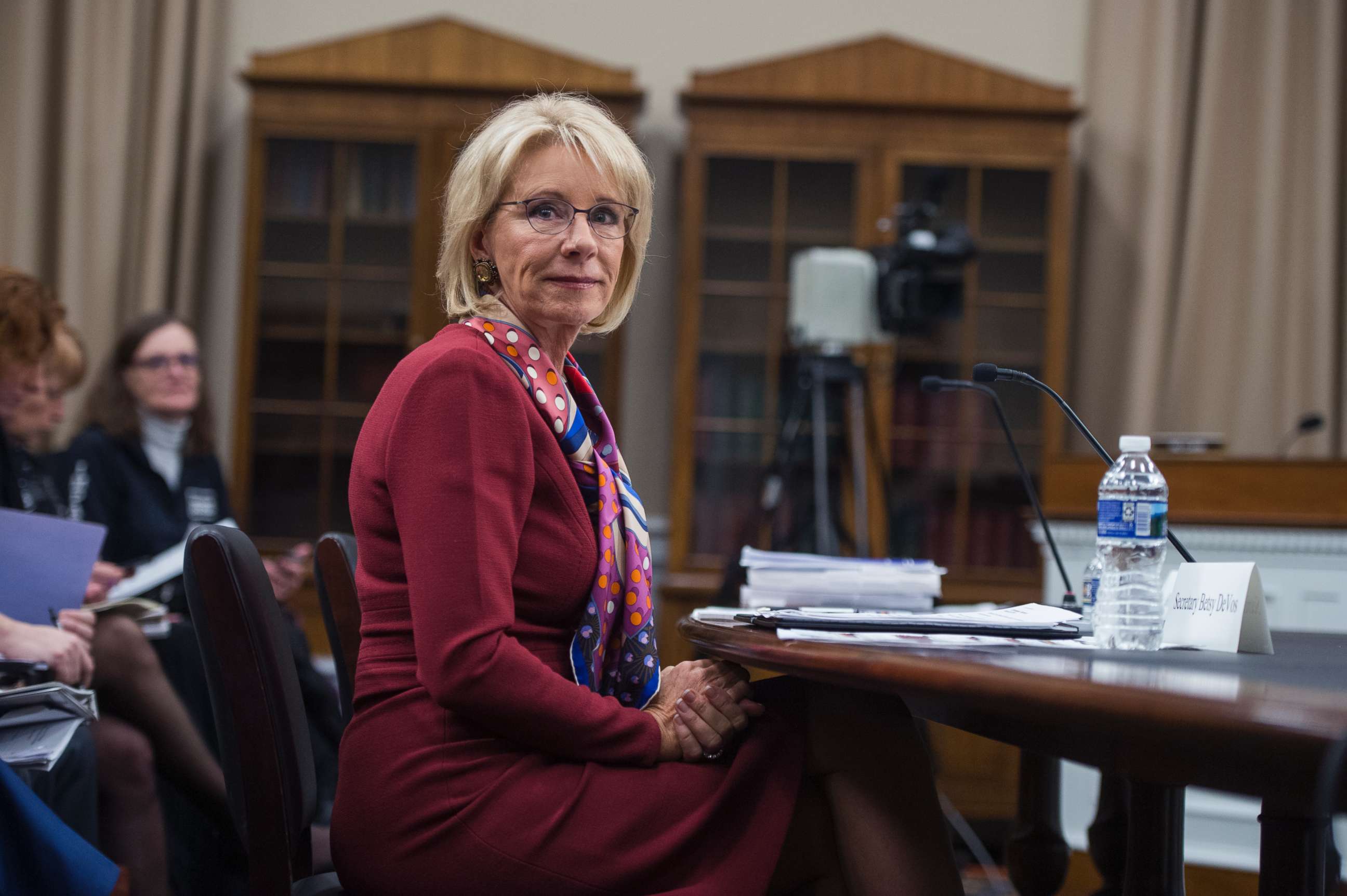 PHOTO: Education Secretary Betsy DeVos prepares to testify at a House Appropriations Labor, Health and Human Services, Education and Related Agencies Subcommittee hearing, March 20, 2018, in Washington.