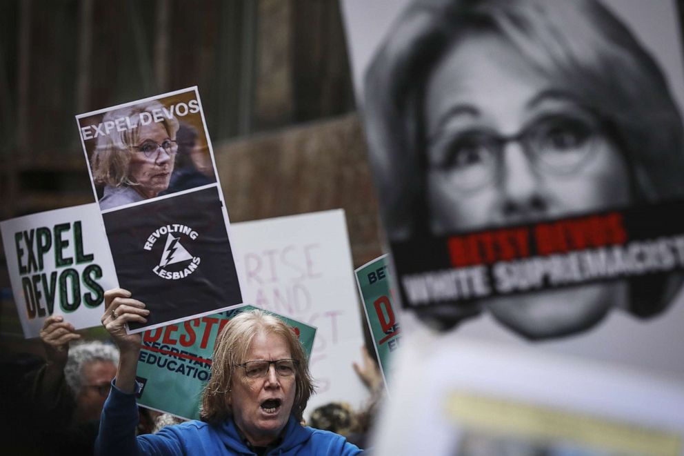 PHOTO: Protestors rally against U.S. Secretary of Education Betsy DeVos outside of a banquet hall in Midtown Manhattan, May 1, 2019, in New York.