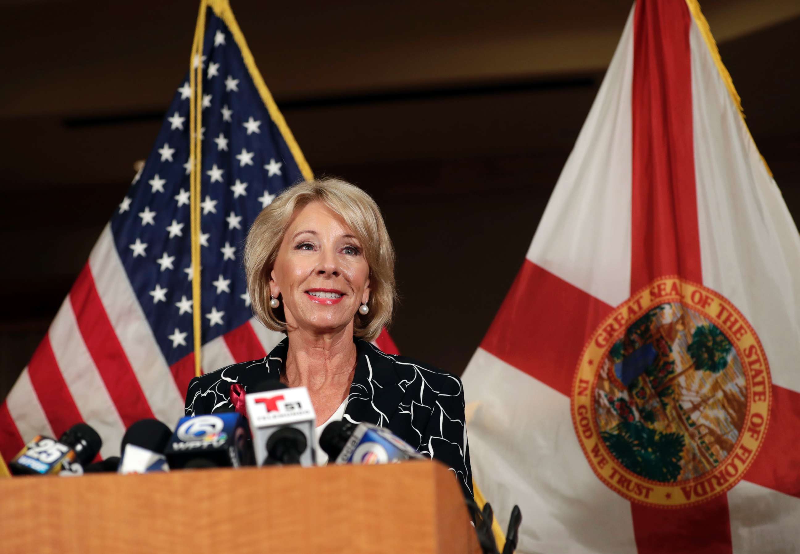 PHOTO: Secretary of Education Betsy DeVos speaks at a news conference following a visit to Marjory Stoneman Douglas High School, March 7, 2018, in Coral Springs, Fla.