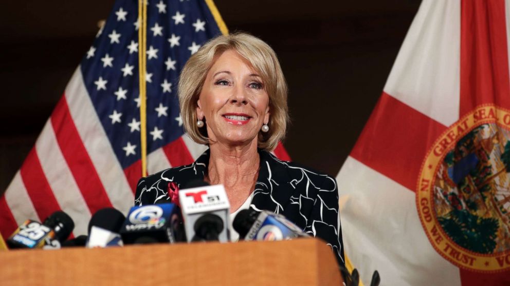 Secretary of Education Betsy DeVos speaks at a news conference following a visit to Marjory Stoneman Douglas High School, March 7, 2018, in Coral Springs, Fla.
