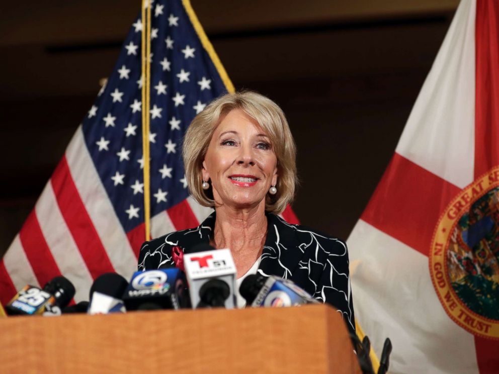 PHOTO: Secretary of Education Betsy DeVos speaks at a news conference following a visit to Marjory Stoneman Douglas High School, March 7, 2018, in Coral Springs, Fla.