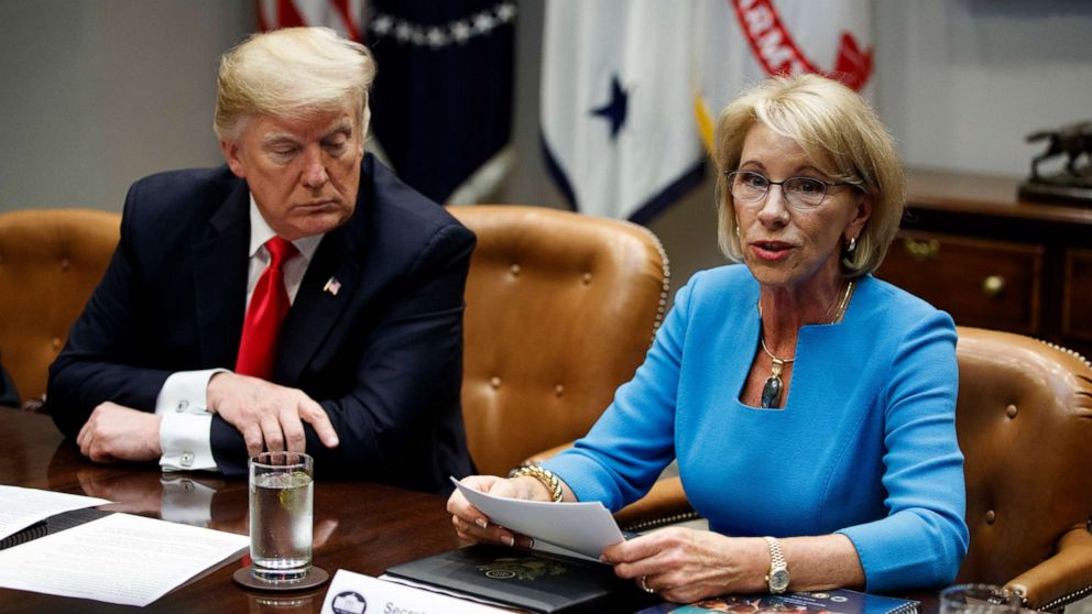 PHOTO: In this Dec. 18, 2018, file photo, President Donald Trump listens as Secretary of Education Betsy DeVos speaks during a roundtable discussion on the Federal Commission on School Safety report, in the Roosevelt Room of the White House in Washington.