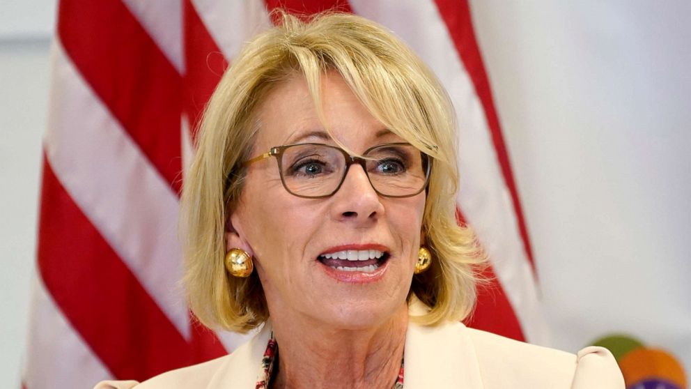 PHOTO: In this Oct. 15, 2020, file photo, Secretary of Education Betsy DeVos speaks at the Phoenix International Academy in Phoenix.
