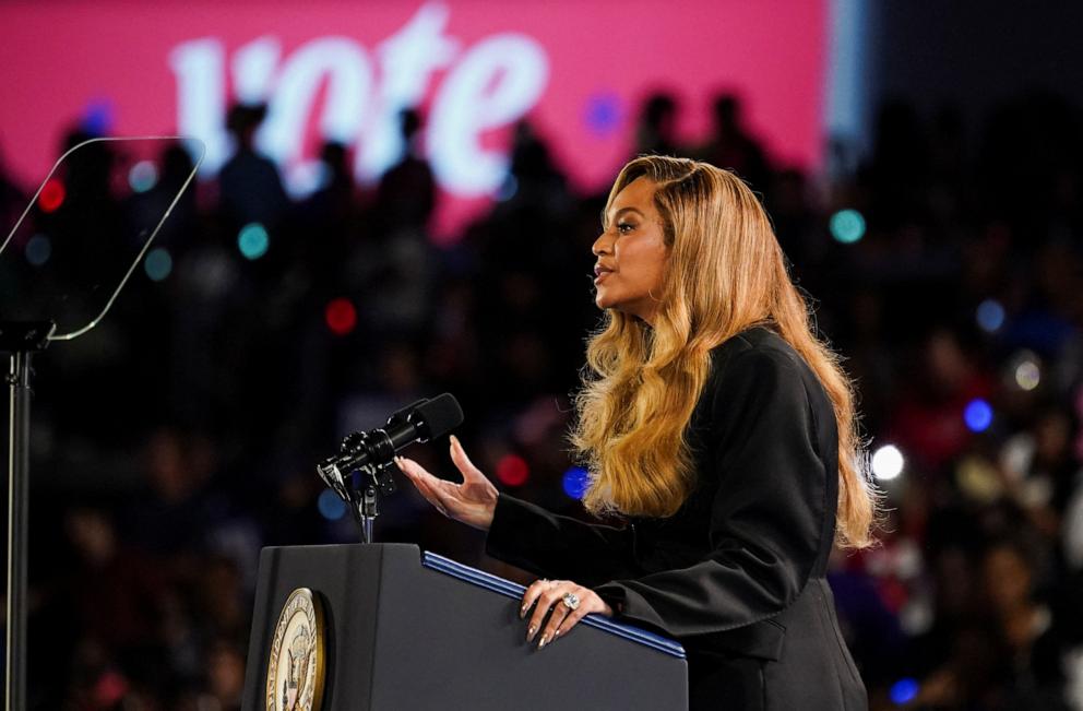 PHOTO: Singer Beyonce speaks as she attends a campaign rally of Democratic presidential nominee Vice President Kamala Harris, in Houston, Oct. 25, 2024. 