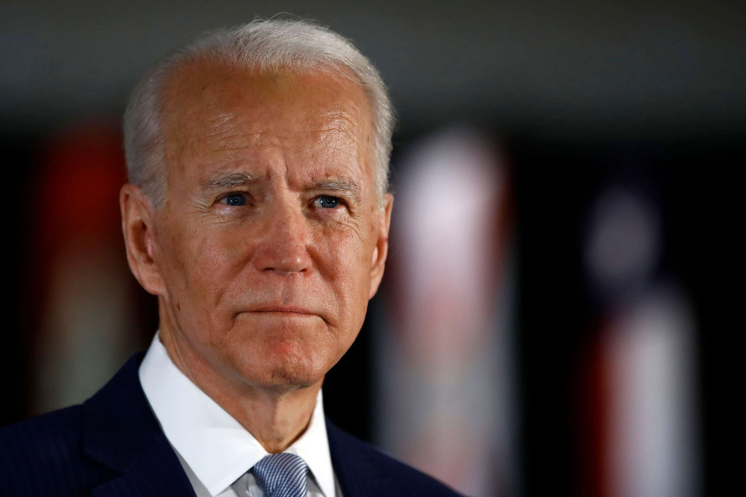 PHOTO: Democratic presidential candidate former Vice President Joe Biden speaks to members of the press at the National Constitution Center in Philadelphia, March 10, 2020.