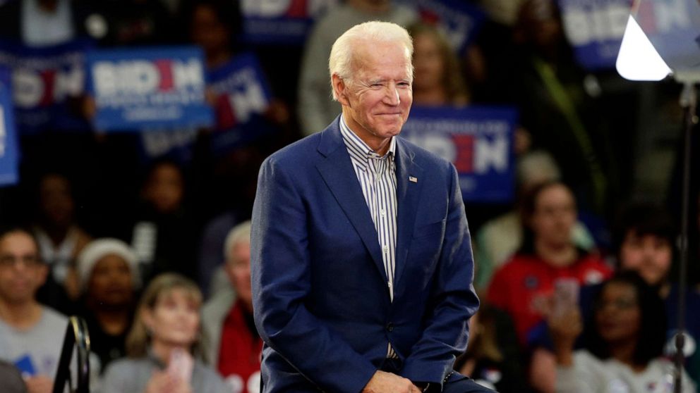 PHOTO: Democratic presidential candidate former Vice President Joe Biden smiles at supporters during a campaign event at Saint Augustine's University in Raleigh, N.C., Feb. 29, 2020.