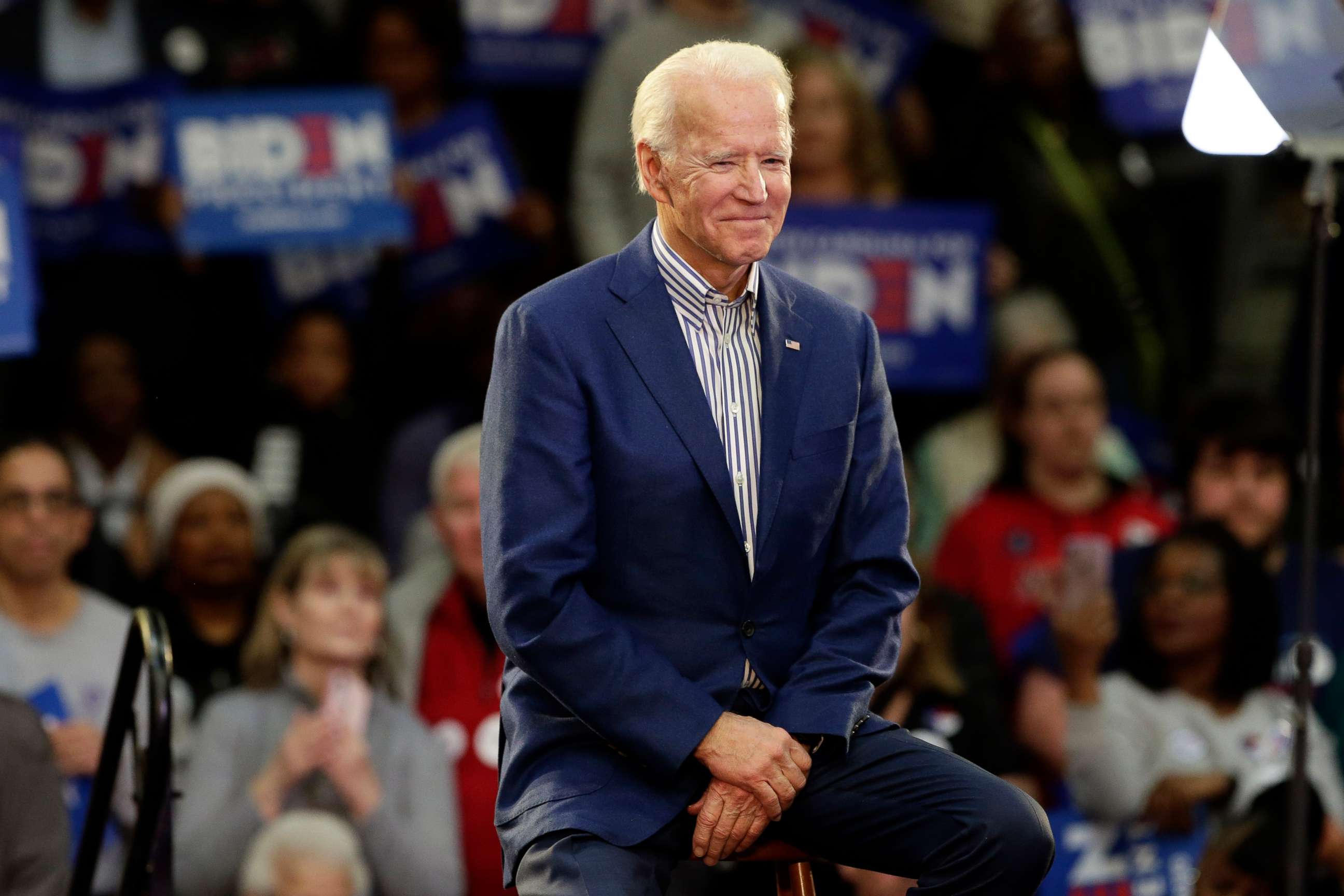 PHOTO: In this Feb. 29, 2020, file photo Democratic presidential candidate former Vice President Joe Biden smiles at supporters during a campaign event at Saint Augustine's University in Raleigh, N.C.