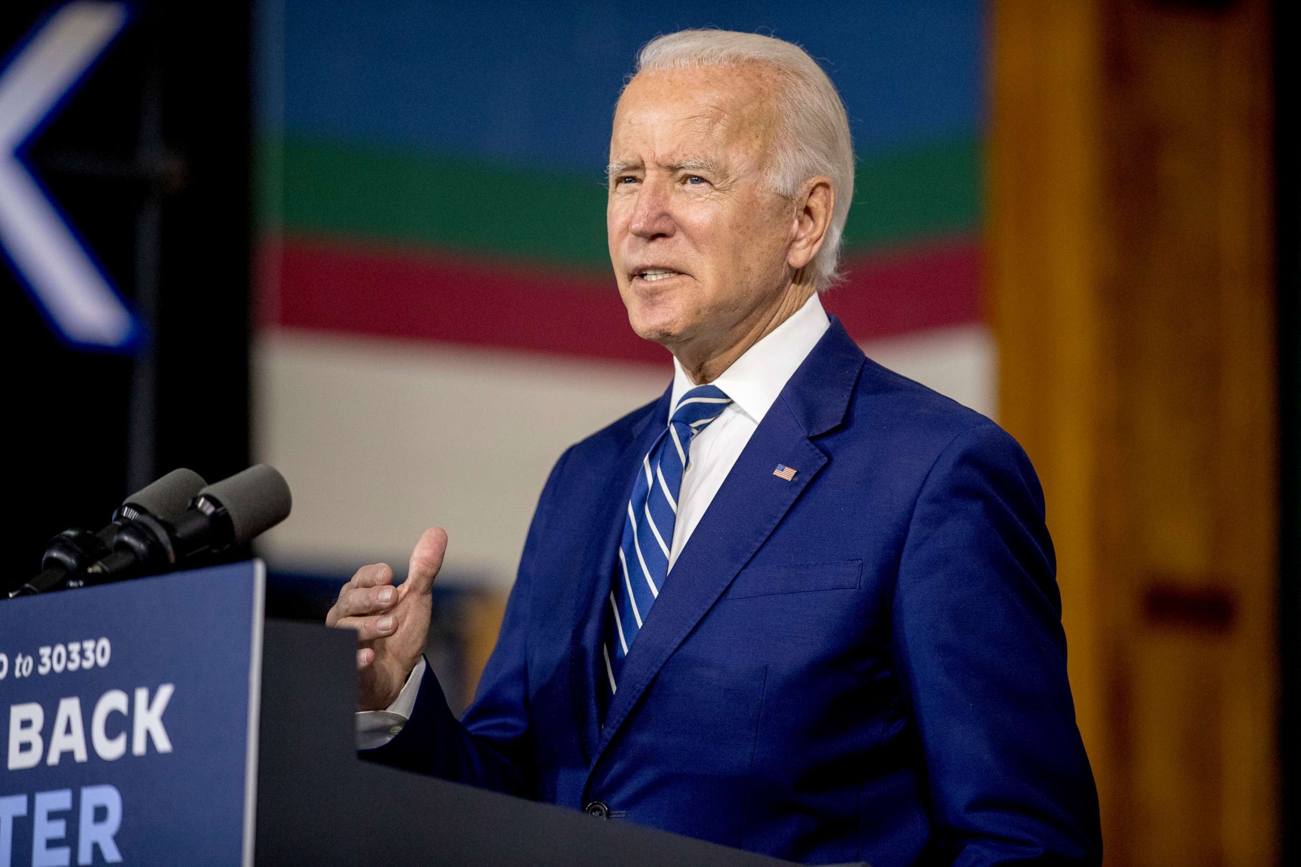 PHOTO: Democratic presidential candidate former Vice President Joe Biden speaks at a campaign event at the Colonial Early Education Program at the Colwyck Training Center, Tuesday, July 21, 2020 in New Castle, Del.