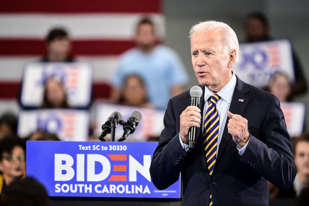 PHOTO: Democratic presidential candidate, former vice President Joe Biden speaks to the audience during a town hall on November 21, 2019 in Greenwood, South Carolina.