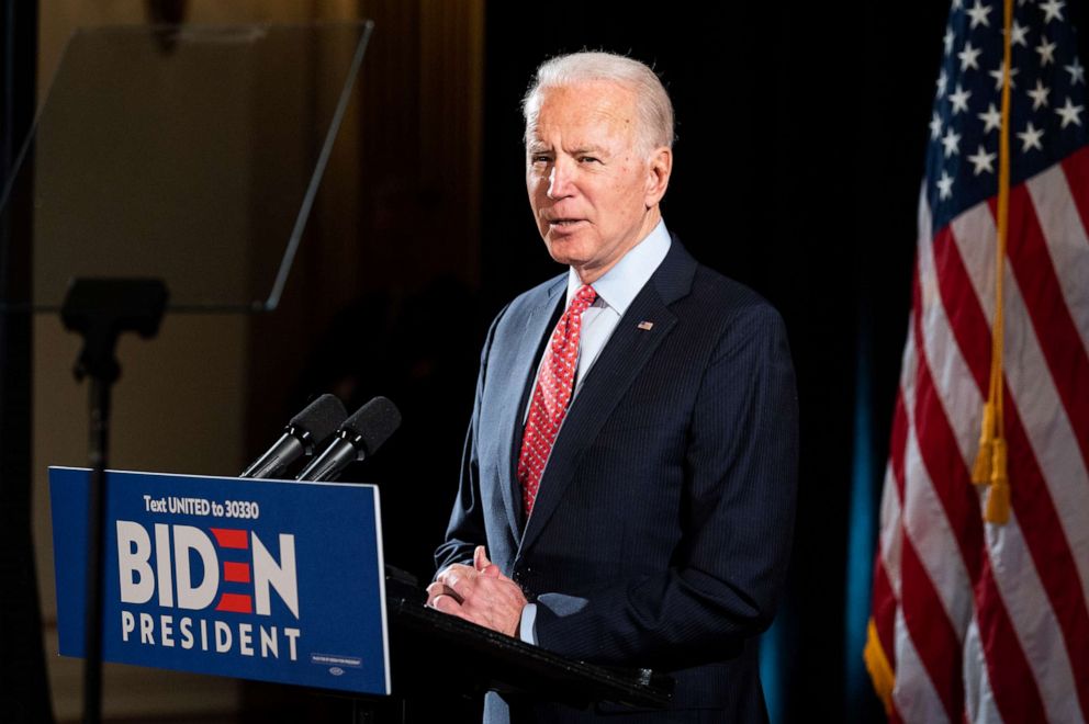 PHOTO: Former Vice President Joe Biden speaks about the Coronavirus and the response to it at the Hotel Du Pont in Wilmington, Delaware.