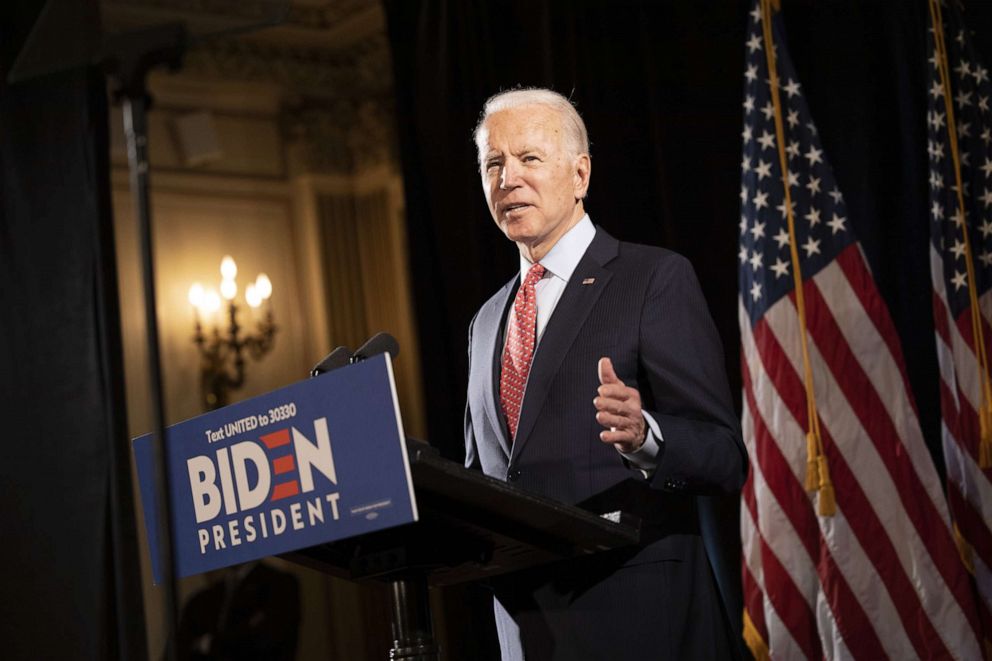 PHOTO: Former Vice President Joe Biden, 2020 Democratic presidential candidate, speaks during a news conference in Wilmington, Delaware, March 12, 2020.