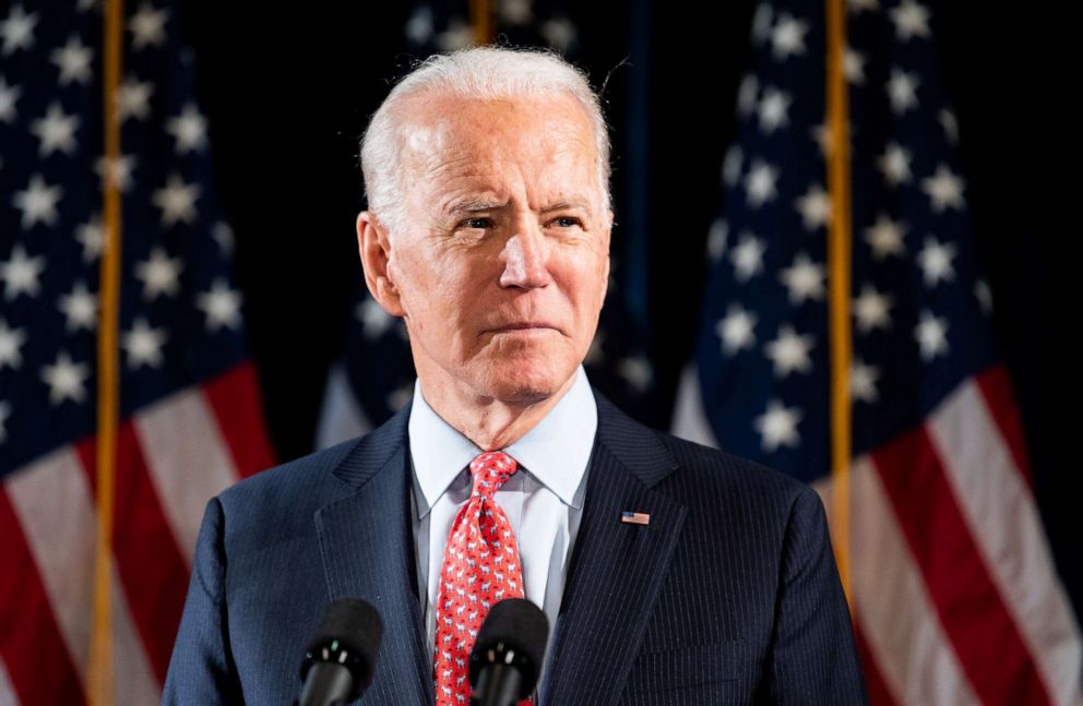 PHOTO: Former Vice President Joe Biden speaks about the Coronavirus and the response to it at the Hotel Du Pont in Wilmington, DE.