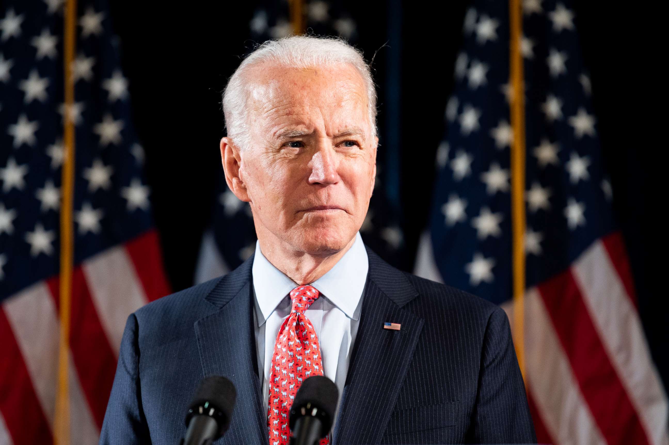 PHOTO: Former Vice President Joe Biden speaks about the Coronavirus and the response to it at the Hotel Du Pont in Wilmington, DE.