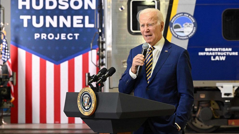 PHOTO: President Joe Biden speaks about how the Bipartisan Infrastructure Law will provide funding for the Hudson River Tunnel project, at the West Side Rail Yard in New York, on Jan. 31, 2023.