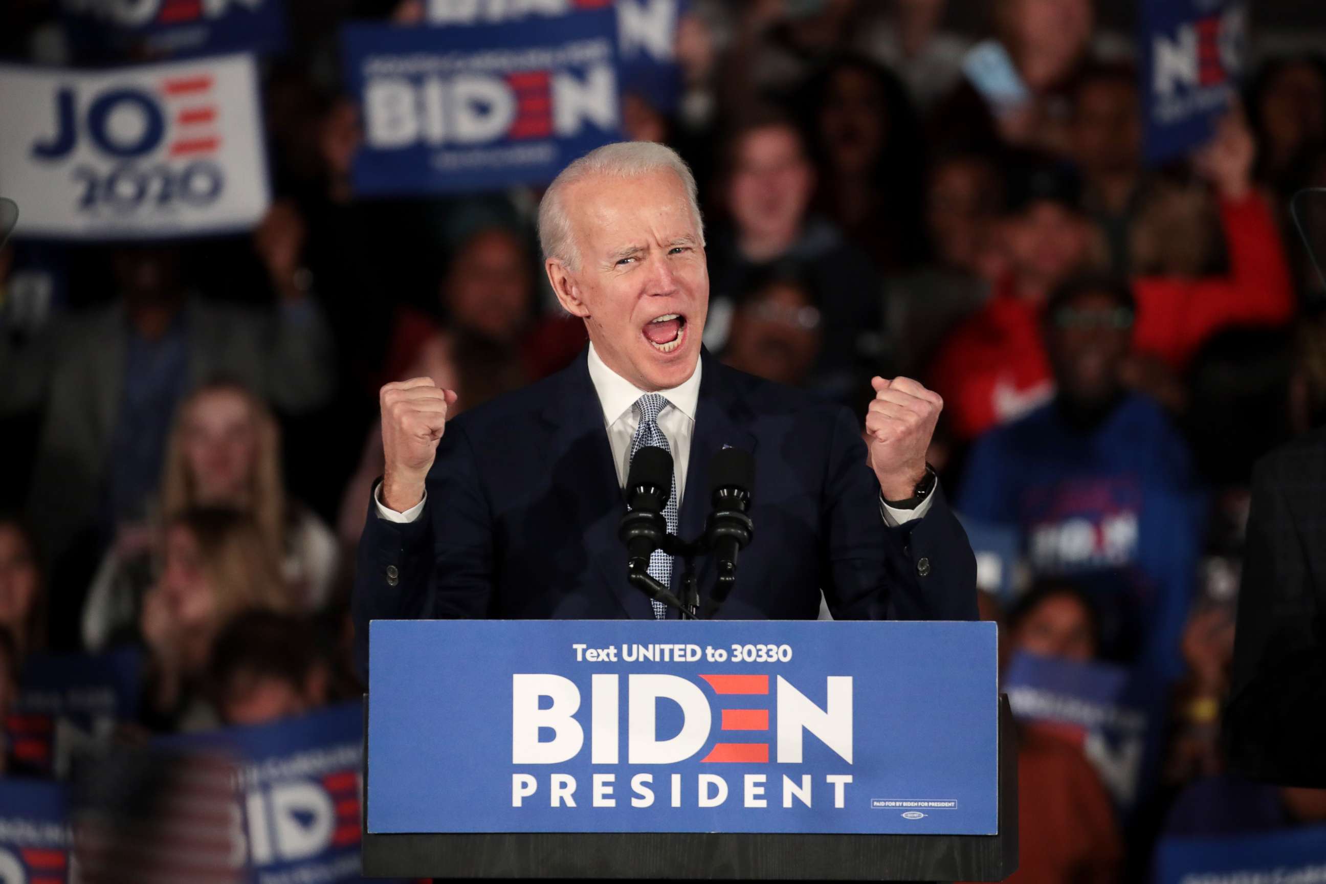 PHOTO: Democratic presidential candidate former Vice President Joe Biden speaks at his primary night event at the University of South Carolina on February 29, 2020 in Columbia, South Carolina.