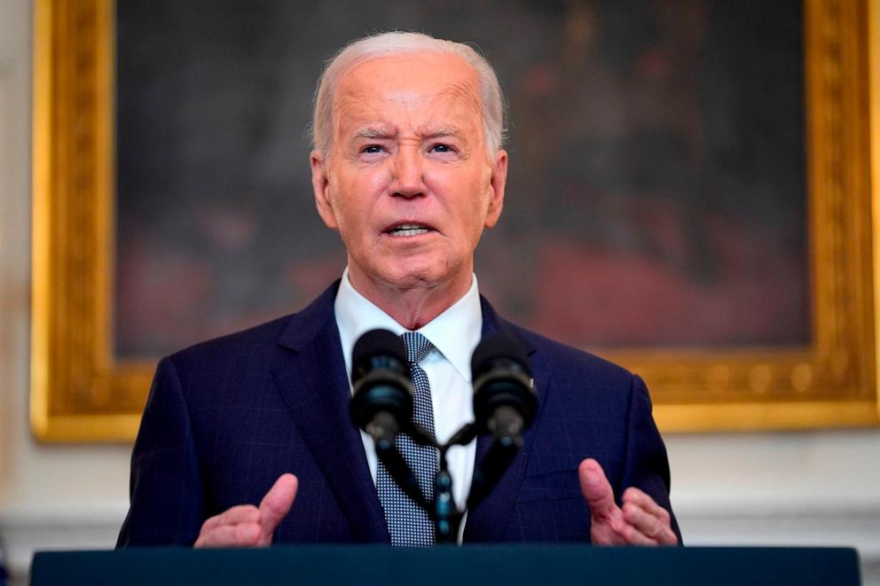 PHOTO: President Joe Biden delivers remarks on the verdict in former President Donald Trump's hush money trial and on the Middle East, from the State Dining Room of the White House, on May 31, 2024, in Washington, D.C.