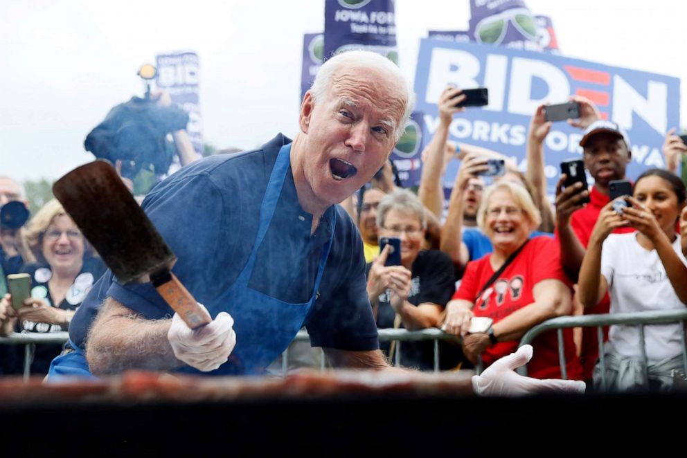 PHOTO:Democratic presidential candidate former Vice President Joe Biden works the grill during the Polk County Democrats Steak Fry, Saturday, Sept. 21, 2019, in Des Moines, Iowa.