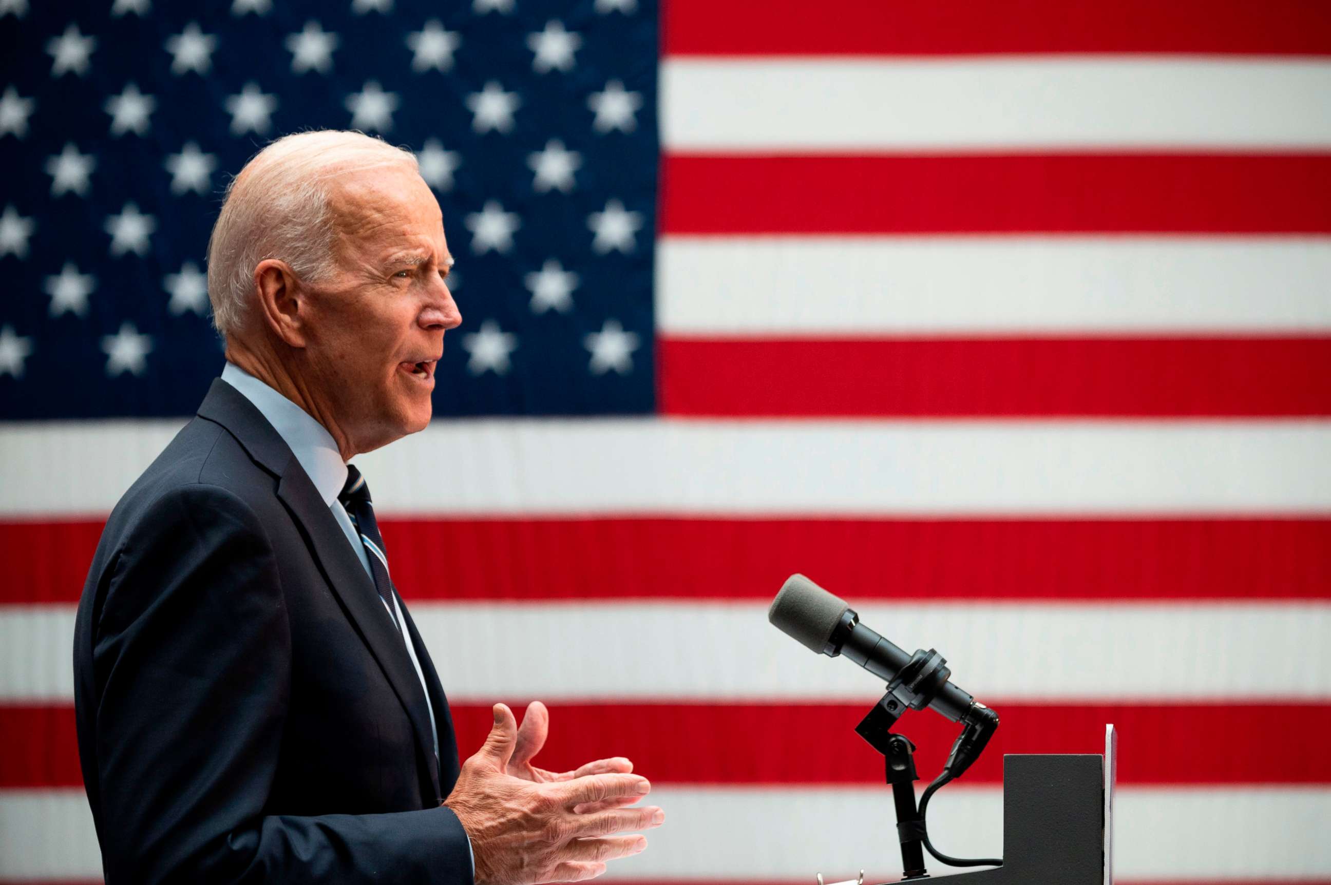 PHOTO: Former US Vice President Joe Biden gestures as he holds a speech about his foreign policy vision for America on July 11, 2019 at the Graduate Center at City University New York City.