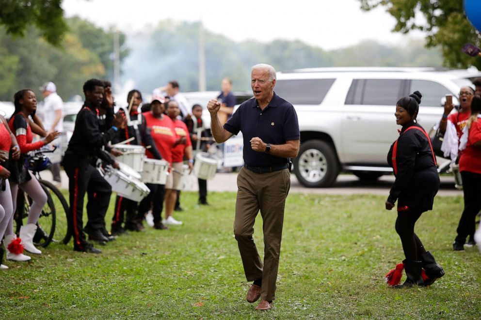 PHOTO: Former Vice President and presidential candidate Joe Biden clinches his fist as he arrives during the Democratic Polk County Steak Fry on September 21, 2019 in Des Moines, Iowa. Seventeen presidential candidates attended the Polk County Steak Fry.