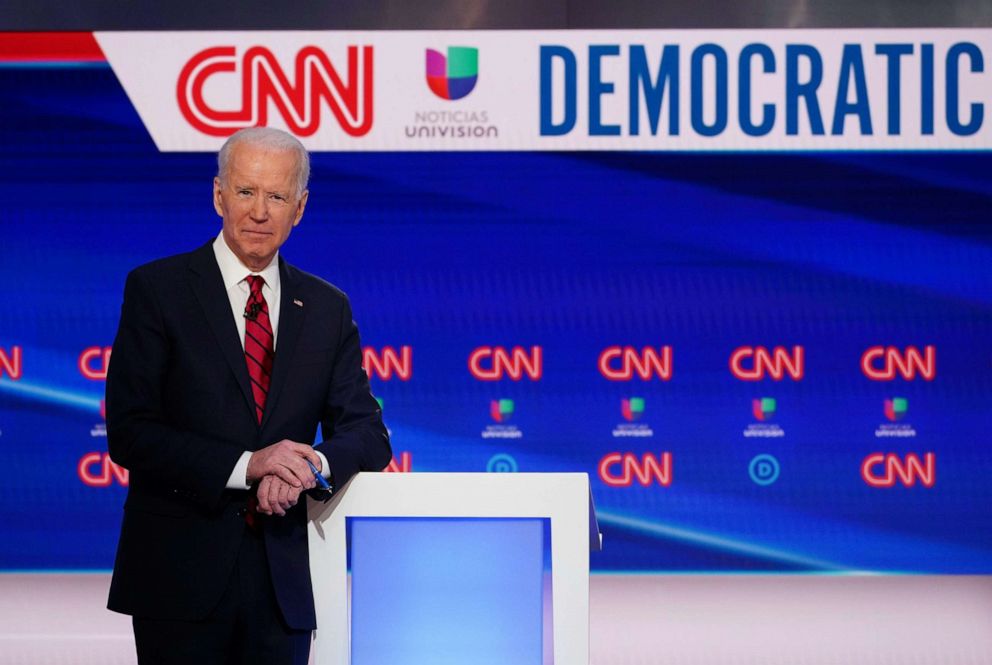 PHOTO: Democratic presidential hopeful former US vice president Joe Biden is seen on stage as he and Senator Bernie Sanders take part in the 11th Democratic Party 2020 presidential debate in a CNN Washington Bureau studio in Washington on March 15, 2020.