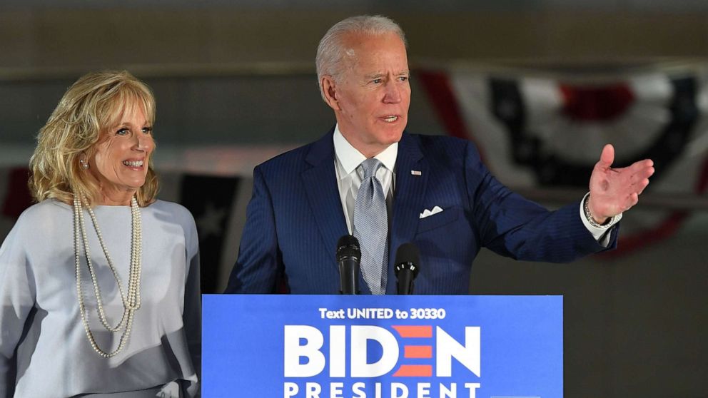 PHOTO: Democratic presidential hopeful former Vice President Joe Biden speaks, flanked by his wife Jill Biden, at the National Constitution Center in Philadelphia, March 10, 2020.