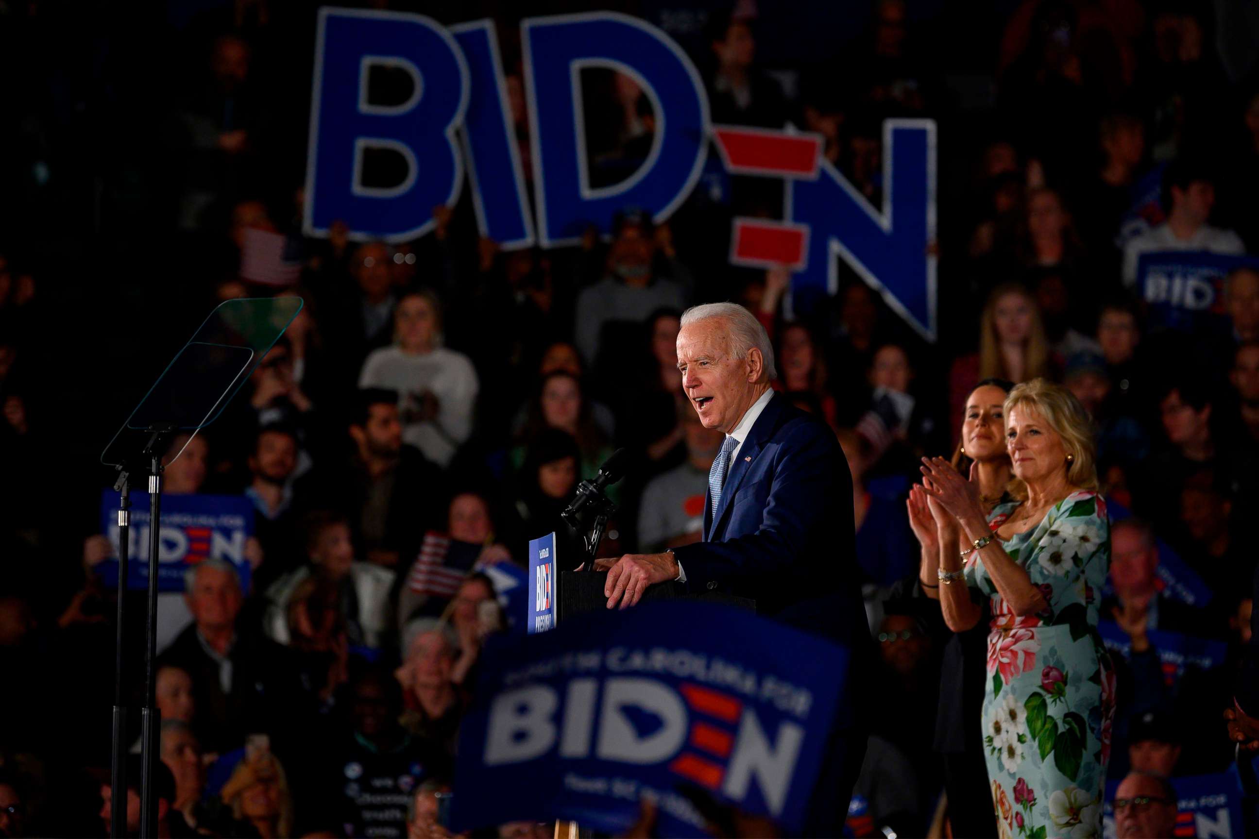 PHOTO: Democratic presidential candidate Joe Biden, accompanied by his daughter Ashley Biden (C) and wife Jill Biden (R) delivers remarks at his primary night election event in Columbia, South Carolina, on Feb. 29, 2020.