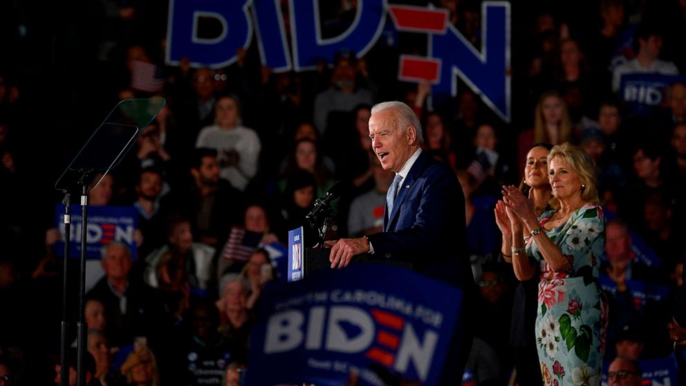 PHOTO: Democratic presidential candidate Joe Biden, accompanied by his daughter Ashley Biden (C) and wife Jill Biden (R) delivers remarks at his primary night election event in Columbia, South Carolina, on Feb. 29, 2020.