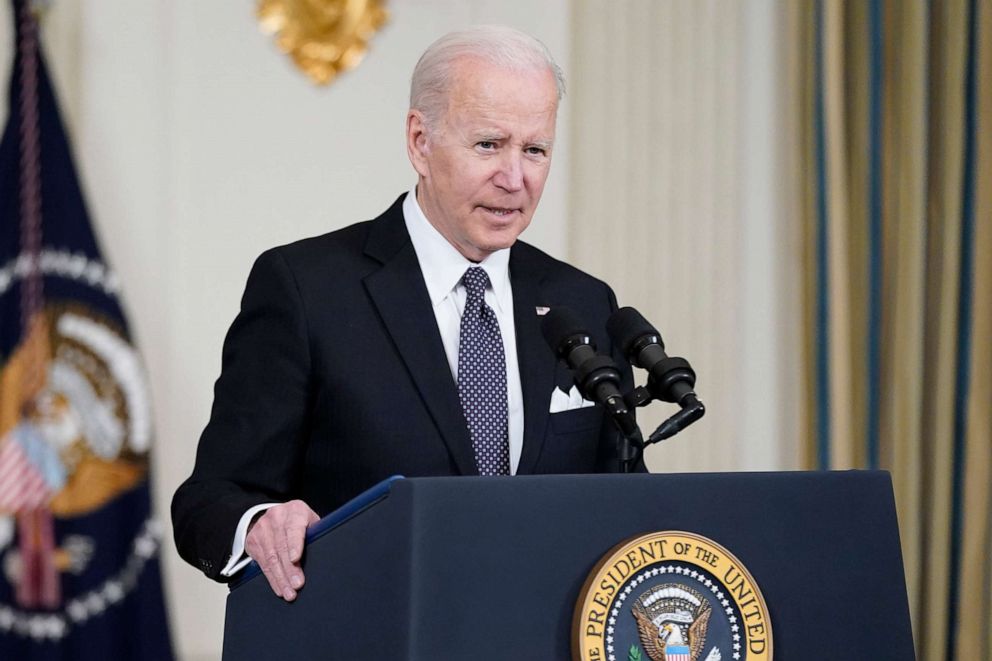 PHOTO: President Joe Biden speaks about Russian President Vladimir Putin and Russia's invasion of Ukraine after unveiling his proposed budget for fiscal year 2023 in the State Dining Room of the White House, on March 28, 2022, in Washington,, D.C.