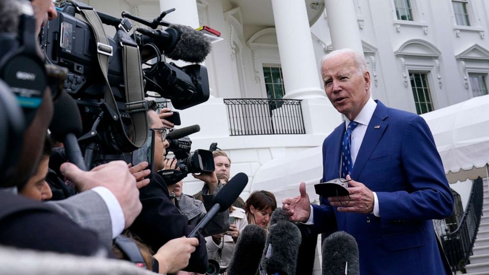 PHOTO: President Joe Biden talks with reporters outside of the White House, Jan. 4, 2023, in Washington.