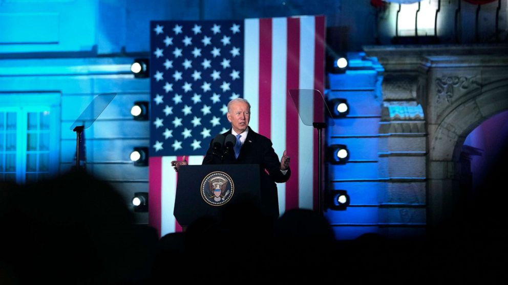 PHOTO: President Joe Biden delivers a speech at the Royal Castle in Warsaw, Poland, March 26, 2022. 