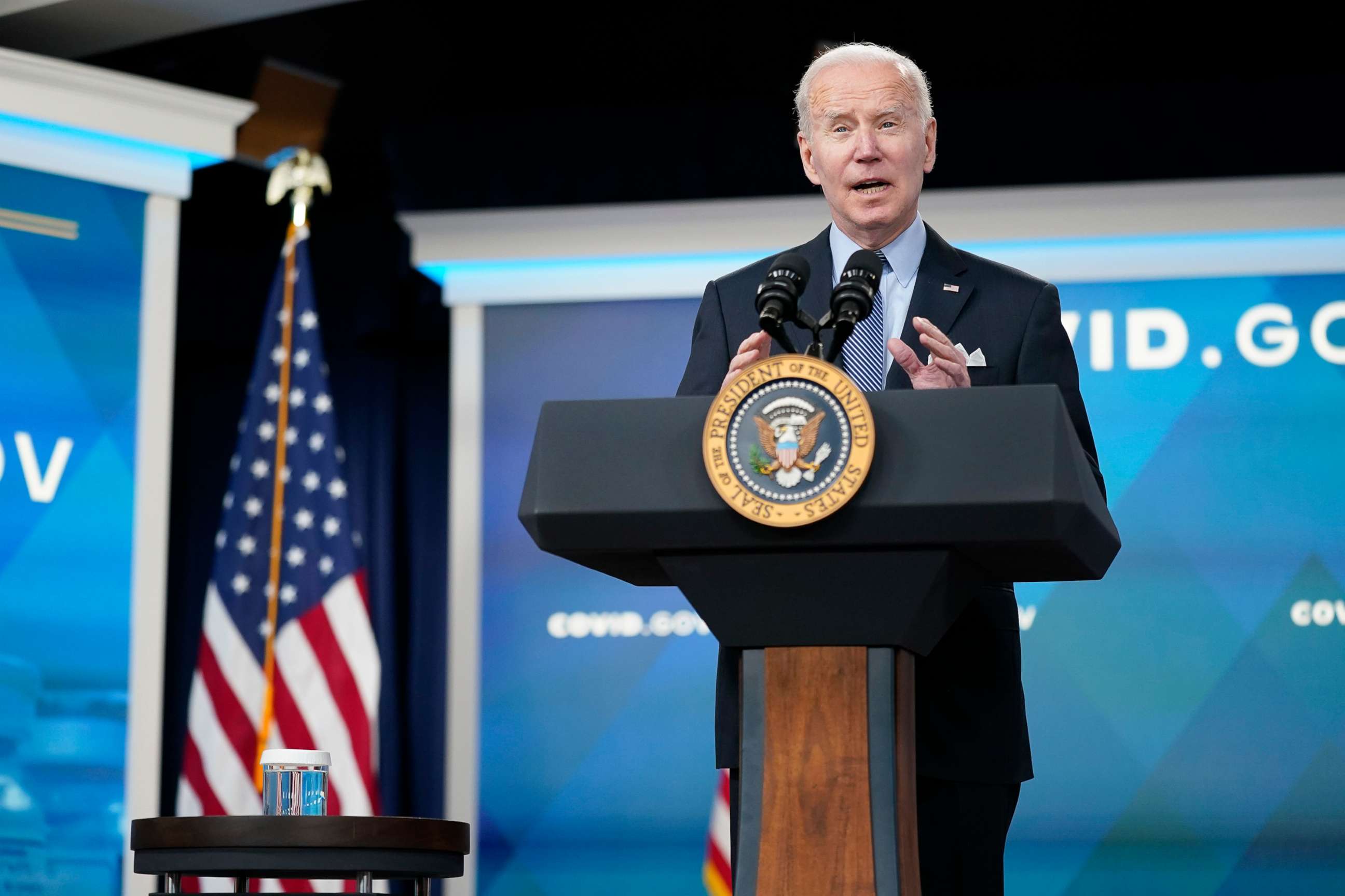 PHOTO: President Joe Biden speaks about status of the country's fight against COVID-19 in the South Court Auditorium on the White House campus, March 30, 2022.