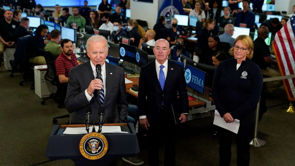 PHOTO: President Joe Biden speaks about Hurricane Ian during a visit to FEMA headquarters, Sept. 29, 2022, in Washington, D.C. 