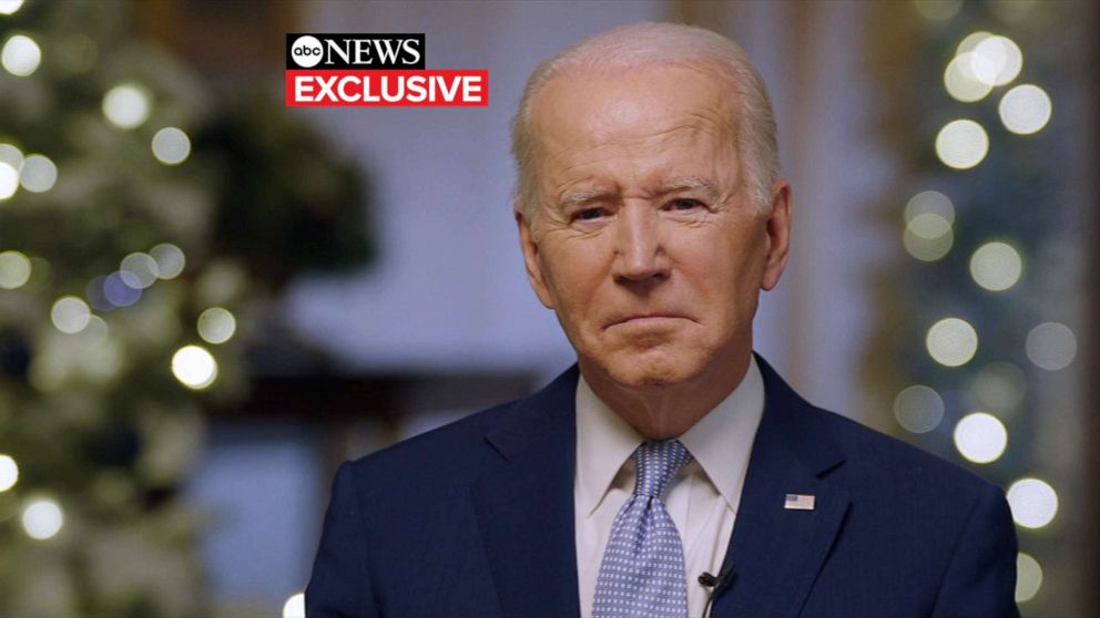 PHOTO: President Joe Biden is interviewed by ABC's David Muir, Dec. 22, 2021, at the White House, in Washington, D.C. 