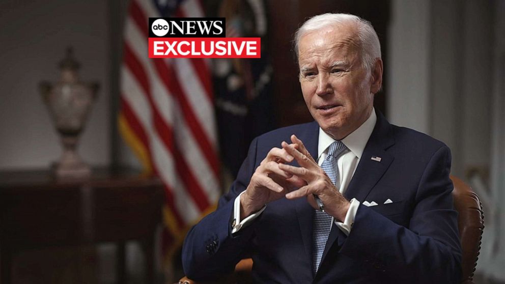 PHOTO: President Joe Biden speaks to ABC News "World News Tonight" anchor David Muir in an exclusive interview on Feb. 24, 2023.