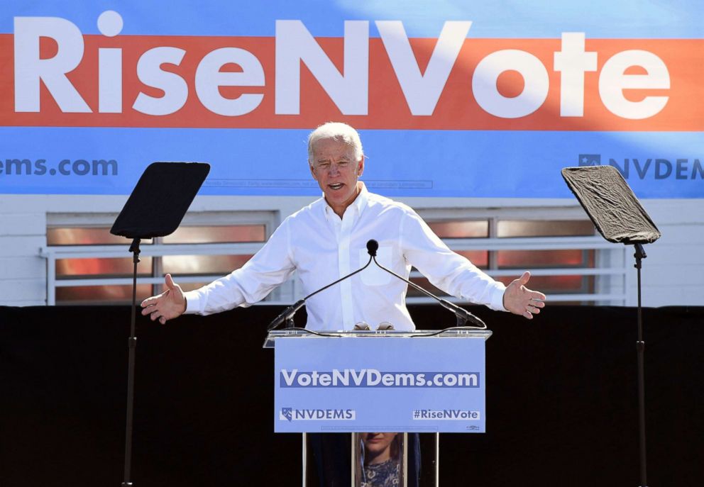 PHOTO: Joe Biden speaks during a rally at the Culinary Workers Union Hall Local 226 as he campaigns for Nevada Democratic candidates, Oct. 20, 2018, in Las Vegas.