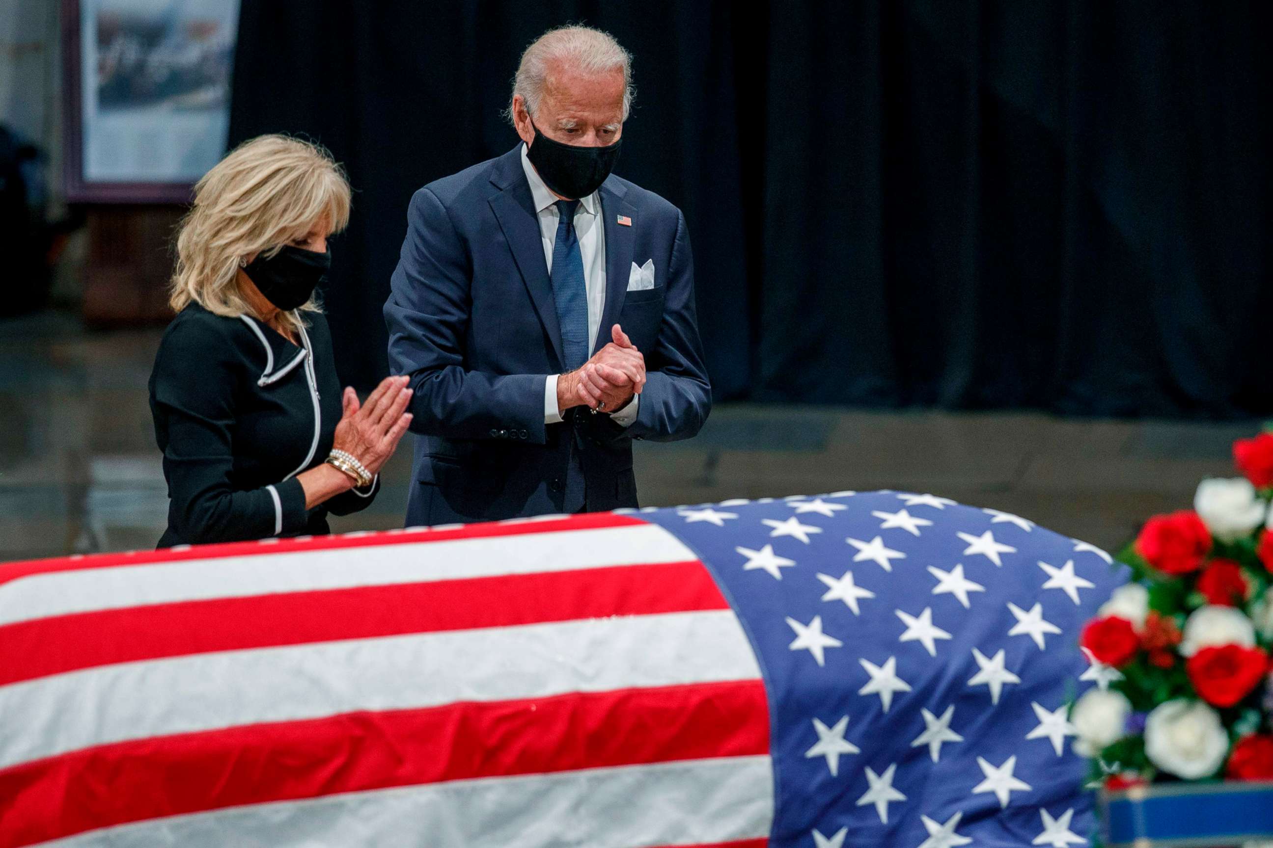 PHOTO: Former Vice President and Democratic presidential candidate Joe Biden and Jill Biden pay their respects to US Representative from Georgia John Lewis following a memorial service in the Rotunda of the Capitol in Washington, D.C., July 27 2020