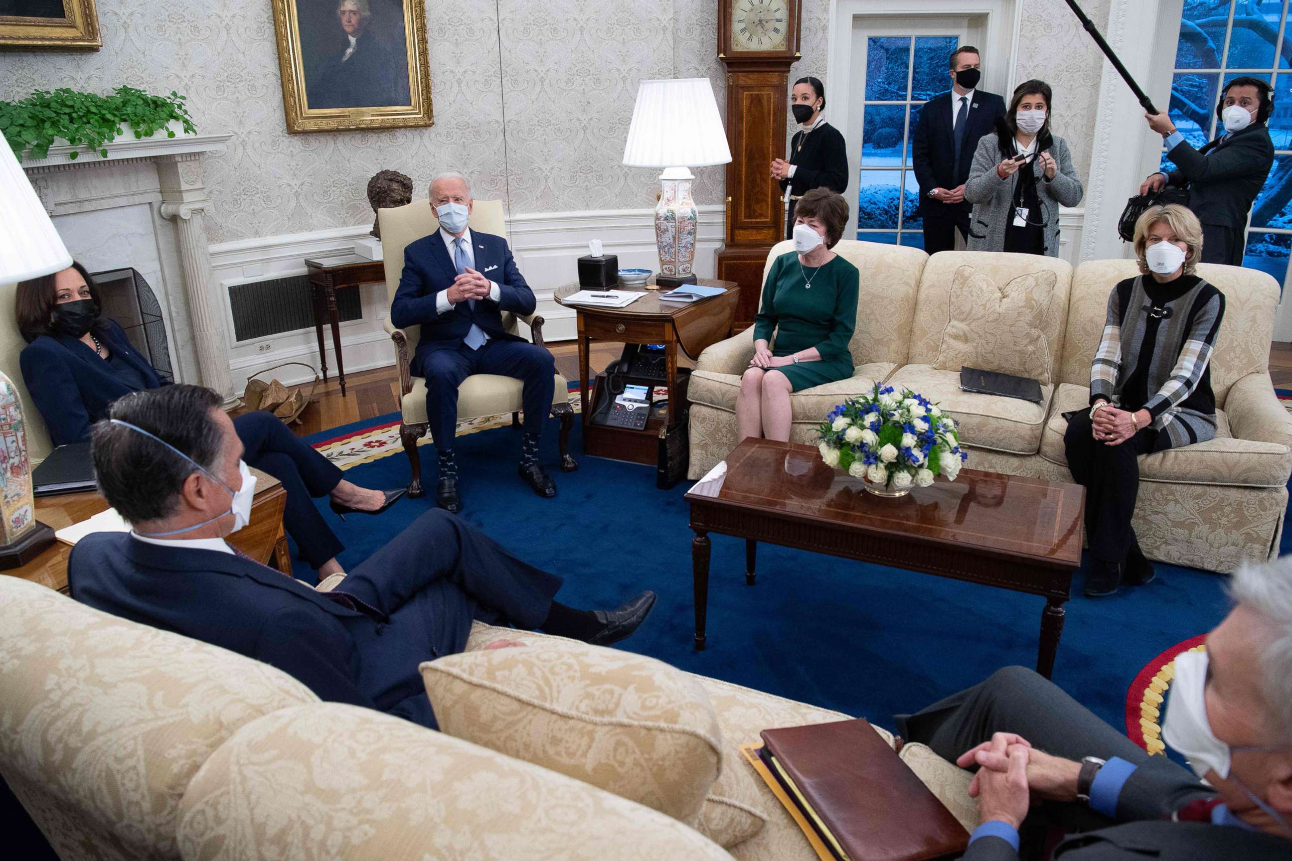 PHOTO: President Joe Biden and Vice President Kamala Harris meet with Republican Senators, lead by Sen. Susan Collins, alongside Sen. Lisa Murkowski, and Sen. Mitt Romney to discuss a coronavirus relief plan in the Oval office, Feb. 1, 2021. 