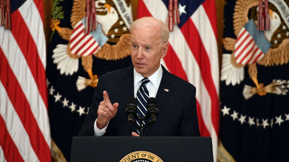 PHOTO: President Joe Biden answers a question during his first press briefing in the East Room of the White House, March 25, 2021. 