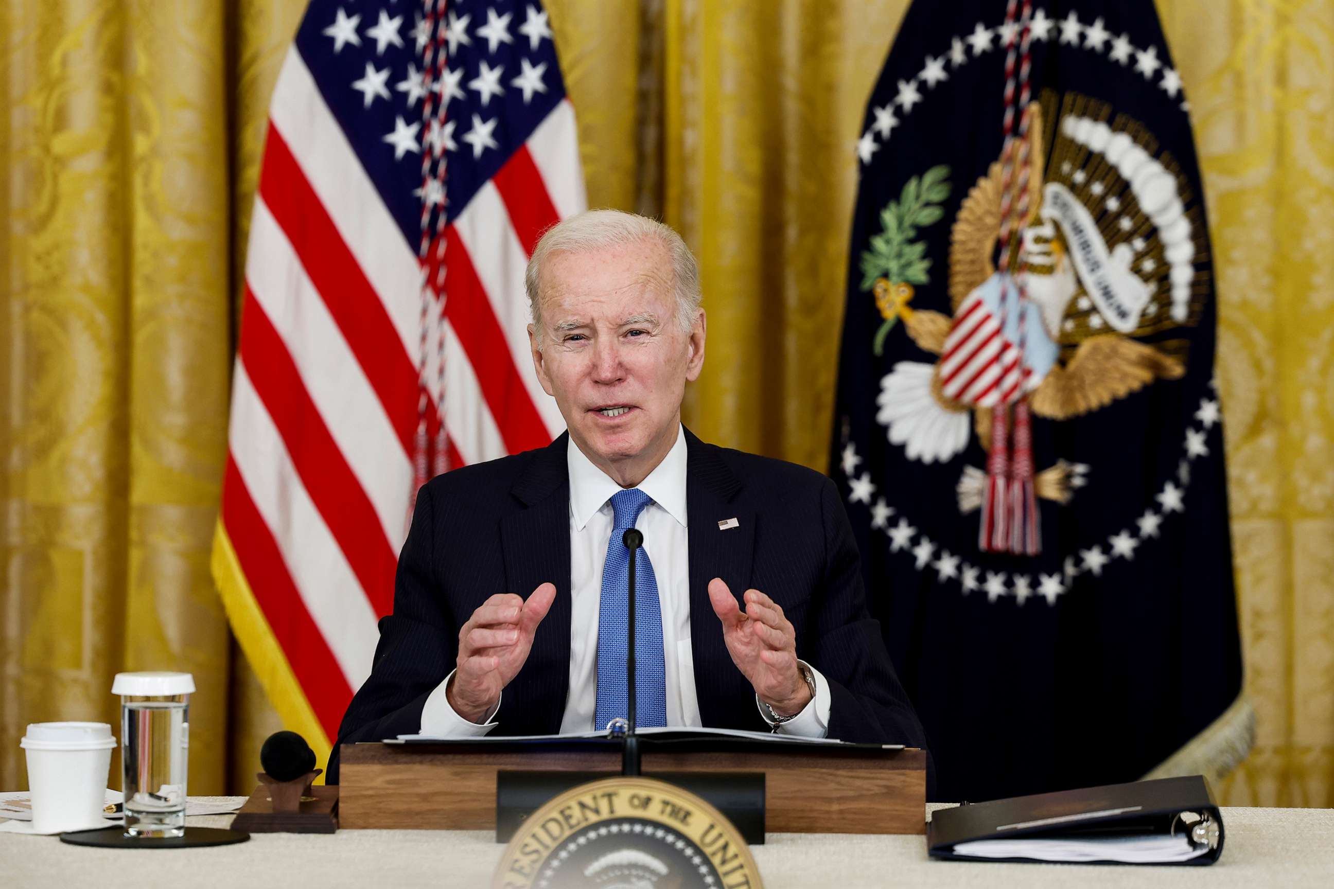 PHOTO: President Joe Biden gives remarks before the start of a meeting with governors visiting from states around the country in the East Room of the White House, Feb. 10, 2023.