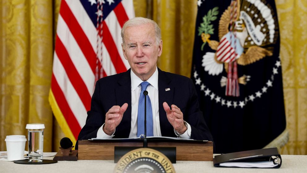 PHOTO: President Joe Biden gives remarks before the start of a meeting with governors visiting from states around the country in the East Room of the White House, Feb. 10, 2023.