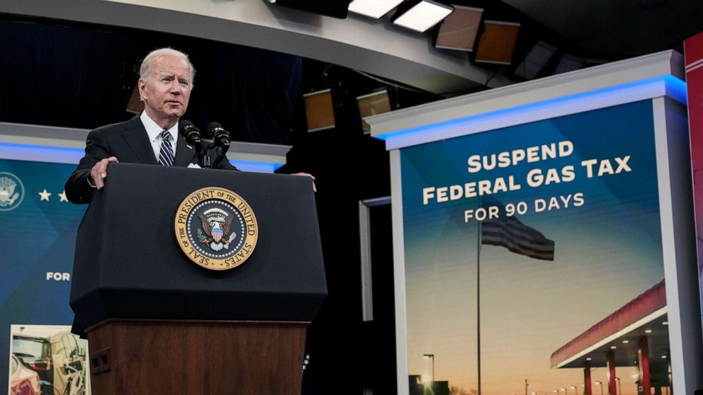 PHOTO: President Joe Biden speaks about gas prices in the South Court Auditorium at the White House campus, June 22, 2022.